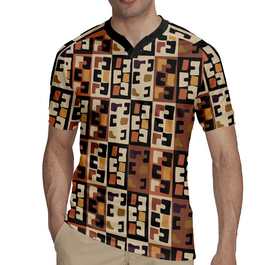 Kuba Flow Rugby Jersey with Geometric Tribal Blocks and Earth-Tone Mosaic Design - Wonder Print Shop