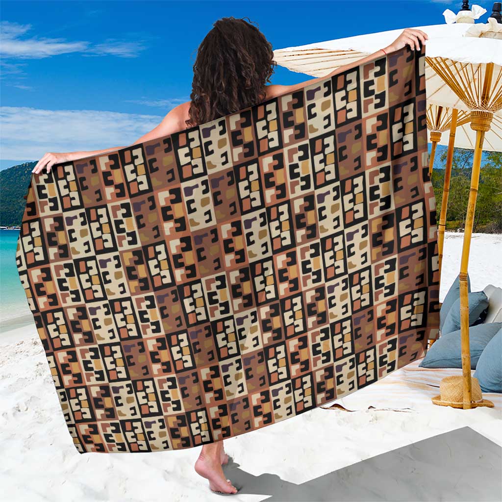 Kuba Flow Sarong with Geometric Tribal Blocks and Earth-Tone Mosaic Design - Wonder Print Shop