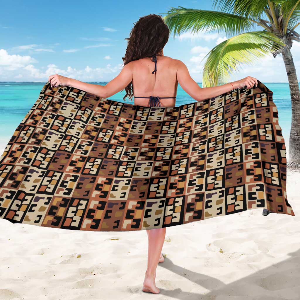 Kuba Flow Sarong with Geometric Tribal Blocks and Earth-Tone Mosaic Design - Wonder Print Shop