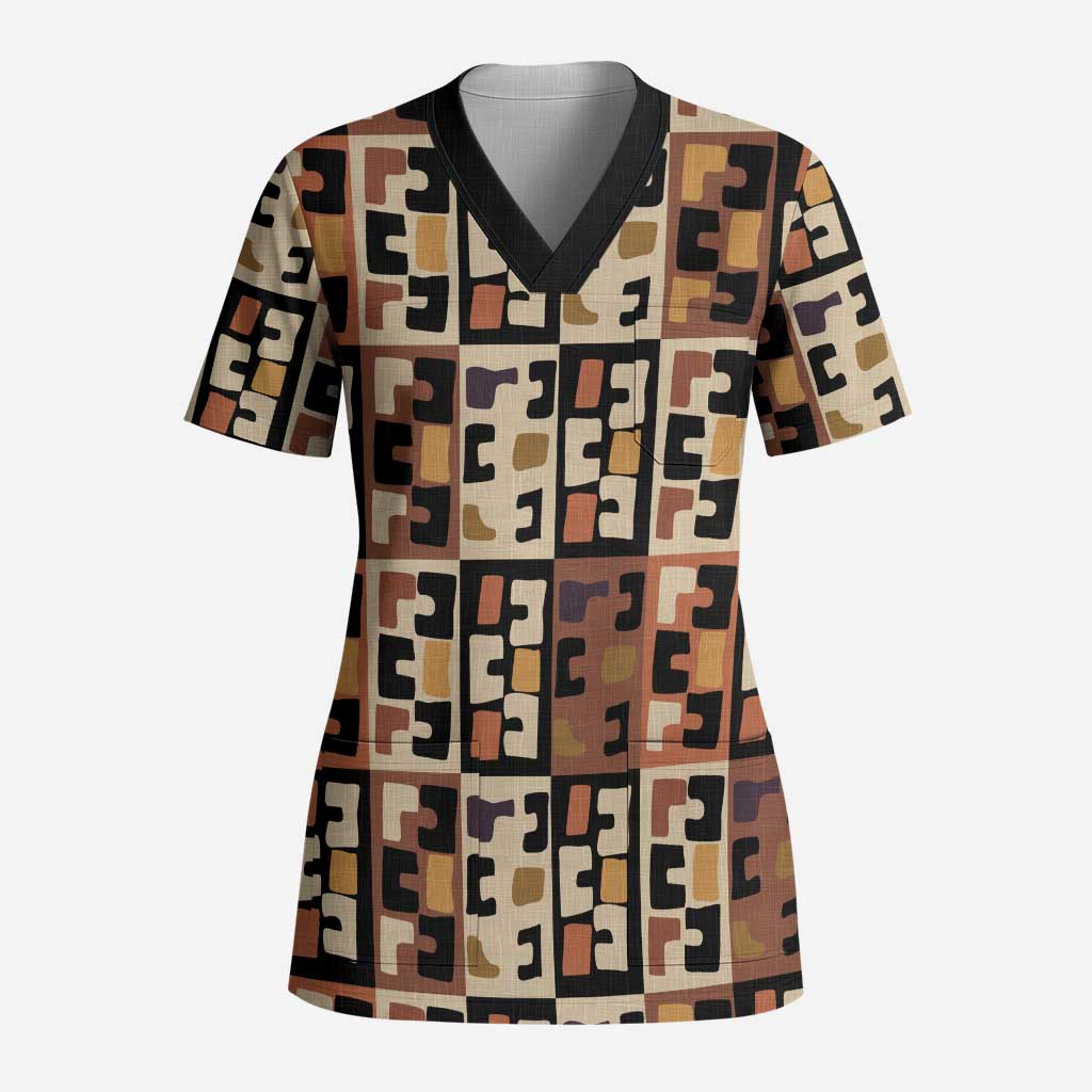 Kuba Flow Scrub Top with Geometric Tribal Blocks and Earth-Tone Mosaic Design - Wonder Print Shop