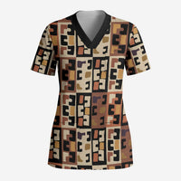 Kuba Flow Scrub Top with Geometric Tribal Blocks and Earth-Tone Mosaic Design - Wonder Print Shop