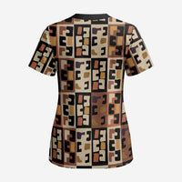 Kuba Flow Scrub Top with Geometric Tribal Blocks and Earth-Tone Mosaic Design - Wonder Print Shop