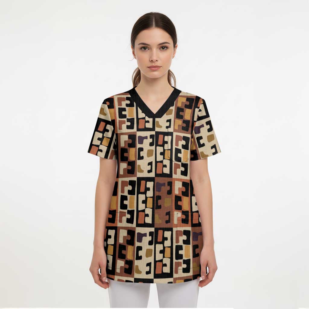 Kuba Flow Scrub Top with Geometric Tribal Blocks and Earth-Tone Mosaic Design - Wonder Print Shop