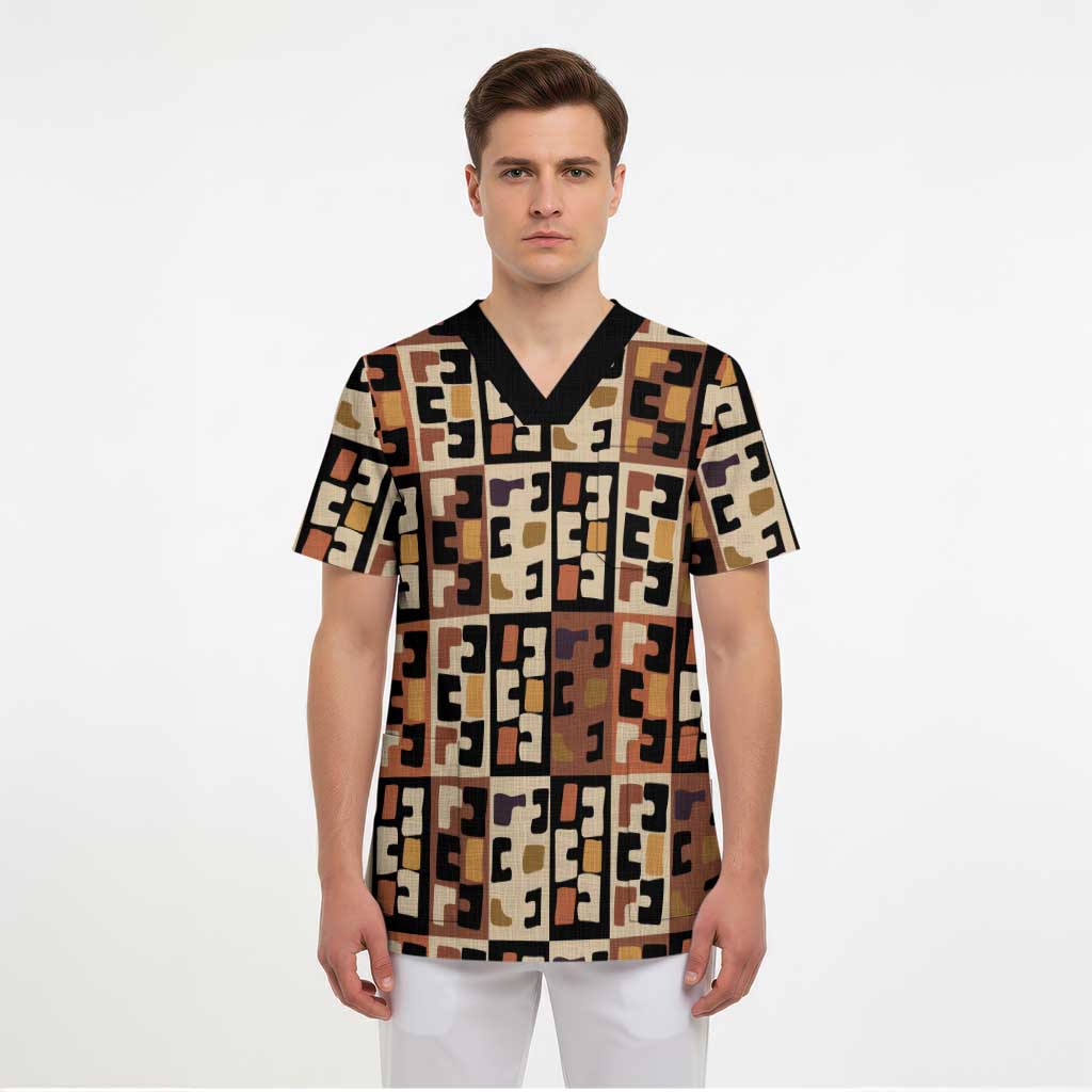 Kuba Flow Scrub Top with Geometric Tribal Blocks and Earth-Tone Mosaic Design - Wonder Print Shop