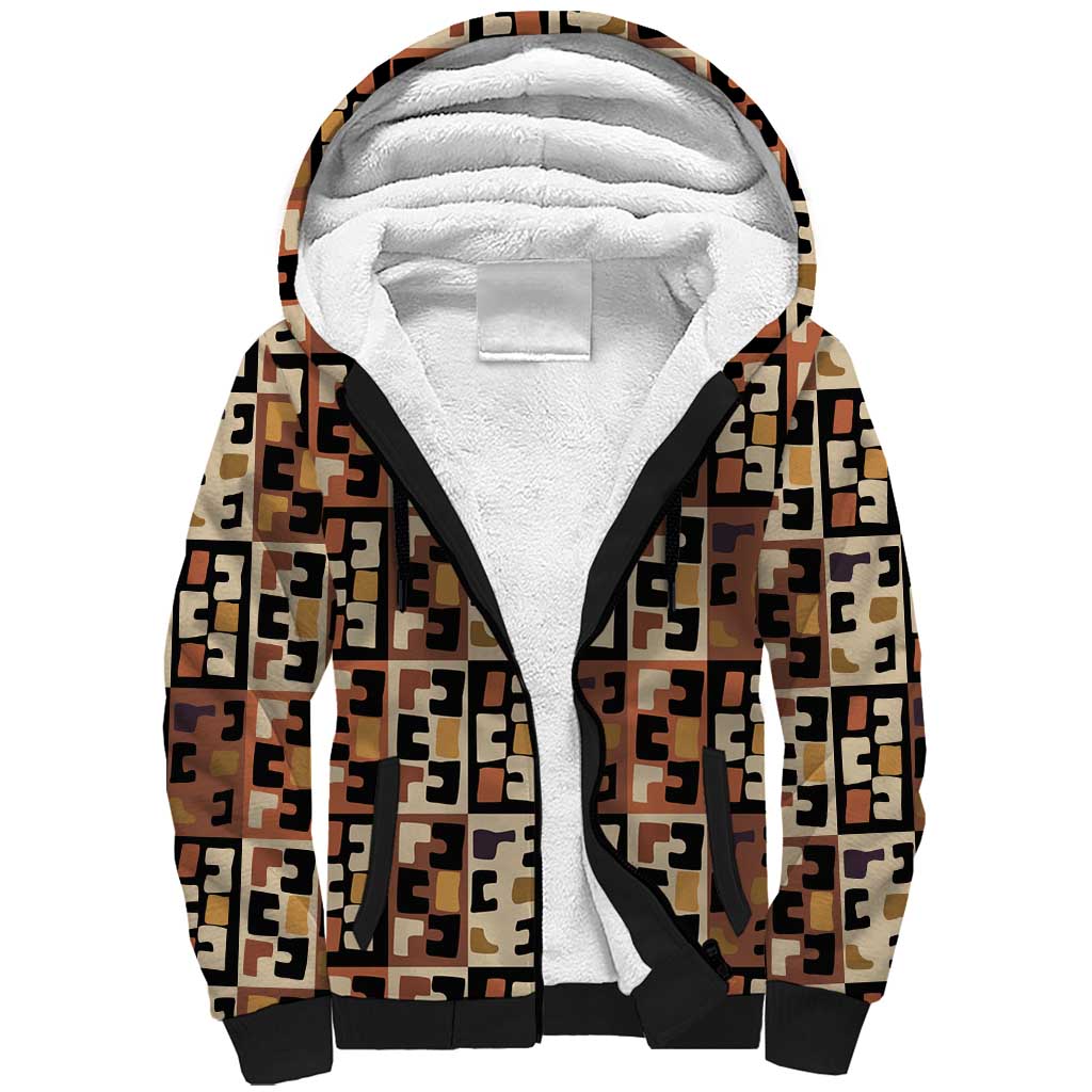 Kuba Flow Sherpa Hoodie with Geometric Tribal Blocks and Earth-Tone Mosaic Design - Wonder Print Shop