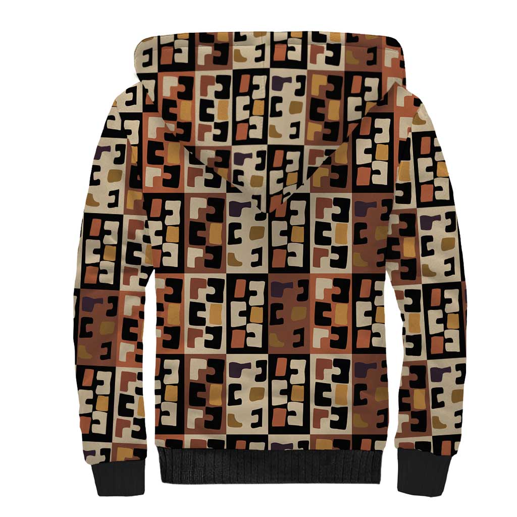 Kuba Flow Sherpa Hoodie with Geometric Tribal Blocks and Earth-Tone Mosaic Design - Wonder Print Shop