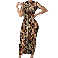Kuba Flow Short Sleeve Bodycon Dress with Geometric Tribal Blocks and Earth-Tone Mosaic Design - Wonder Print Shop