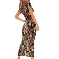Kuba Flow Short Sleeve Bodycon Dress with Geometric Tribal Blocks and Earth-Tone Mosaic Design - Wonder Print Shop