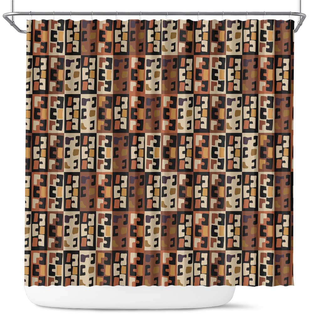 Kuba Flow Shower Curtain with Geometric Tribal Blocks and Earth-Tone Mosaic Design - Wonder Print Shop