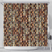 Kuba Flow Shower Curtain with Geometric Tribal Blocks and Earth-Tone Mosaic Design - Wonder Print Shop