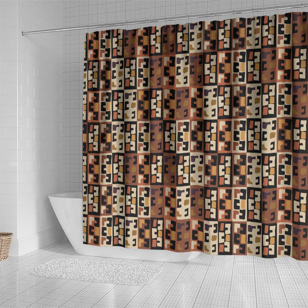 Kuba Flow Shower Curtain with Geometric Tribal Blocks and Earth-Tone Mosaic Design - Wonder Print Shop