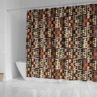 Kuba Flow Shower Curtain with Geometric Tribal Blocks and Earth-Tone Mosaic Design - Wonder Print Shop