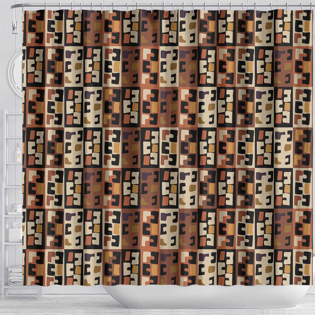 Kuba Flow Shower Curtain with Geometric Tribal Blocks and Earth-Tone Mosaic Design - Wonder Print Shop