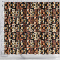 Kuba Flow Shower Curtain with Geometric Tribal Blocks and Earth-Tone Mosaic Design - Wonder Print Shop