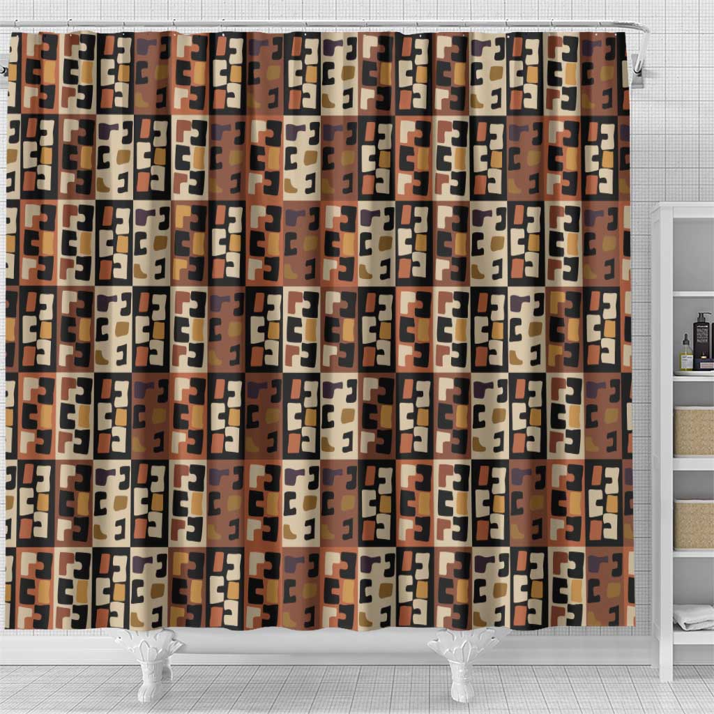 Kuba Flow Shower Curtain with Geometric Tribal Blocks and Earth-Tone Mosaic Design - Wonder Print Shop