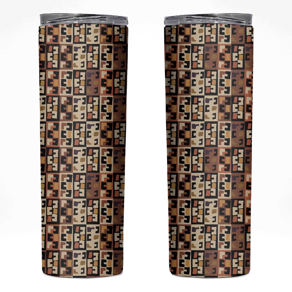 Kuba Flow Skinny Tumbler with Geometric Tribal Blocks and Earth-Tone Mosaic Design - Wonder Print Shop