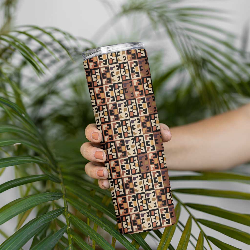 Kuba Flow Skinny Tumbler with Geometric Tribal Blocks and Earth-Tone Mosaic Design - Wonder Print Shop