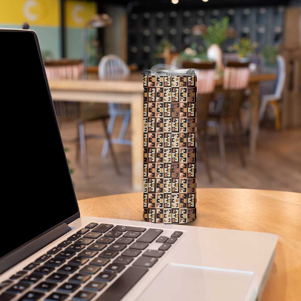 Kuba Flow Skinny Tumbler with Geometric Tribal Blocks and Earth-Tone Mosaic Design - Wonder Print Shop