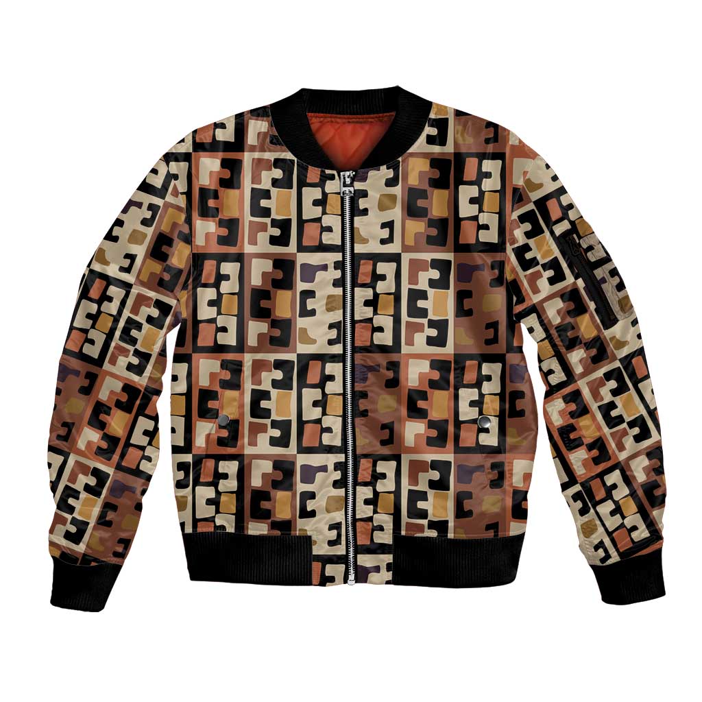 Kuba Flow Sleeve Zip Bomber Jacket with Geometric Tribal Blocks and Earth-Tone Mosaic Design - Wonder Print Shop
