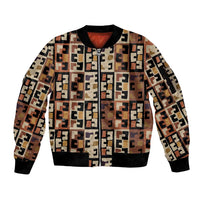 Kuba Flow Sleeve Zip Bomber Jacket with Geometric Tribal Blocks and Earth-Tone Mosaic Design - Wonder Print Shop