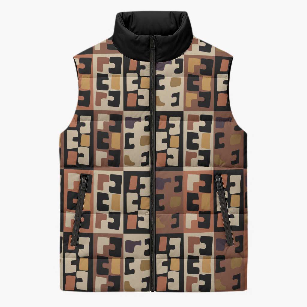 Kuba Flow Sleeveless Puffer Jacket with Geometric Tribal Blocks and Earth-Tone Mosaic Design - Wonder Print Shop