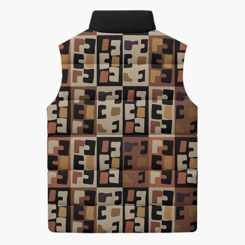 Kuba Flow Sleeveless Puffer Jacket with Geometric Tribal Blocks and Earth-Tone Mosaic Design - Wonder Print Shop