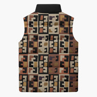 Kuba Flow Sleeveless Puffer Jacket with Geometric Tribal Blocks and Earth-Tone Mosaic Design - Wonder Print Shop