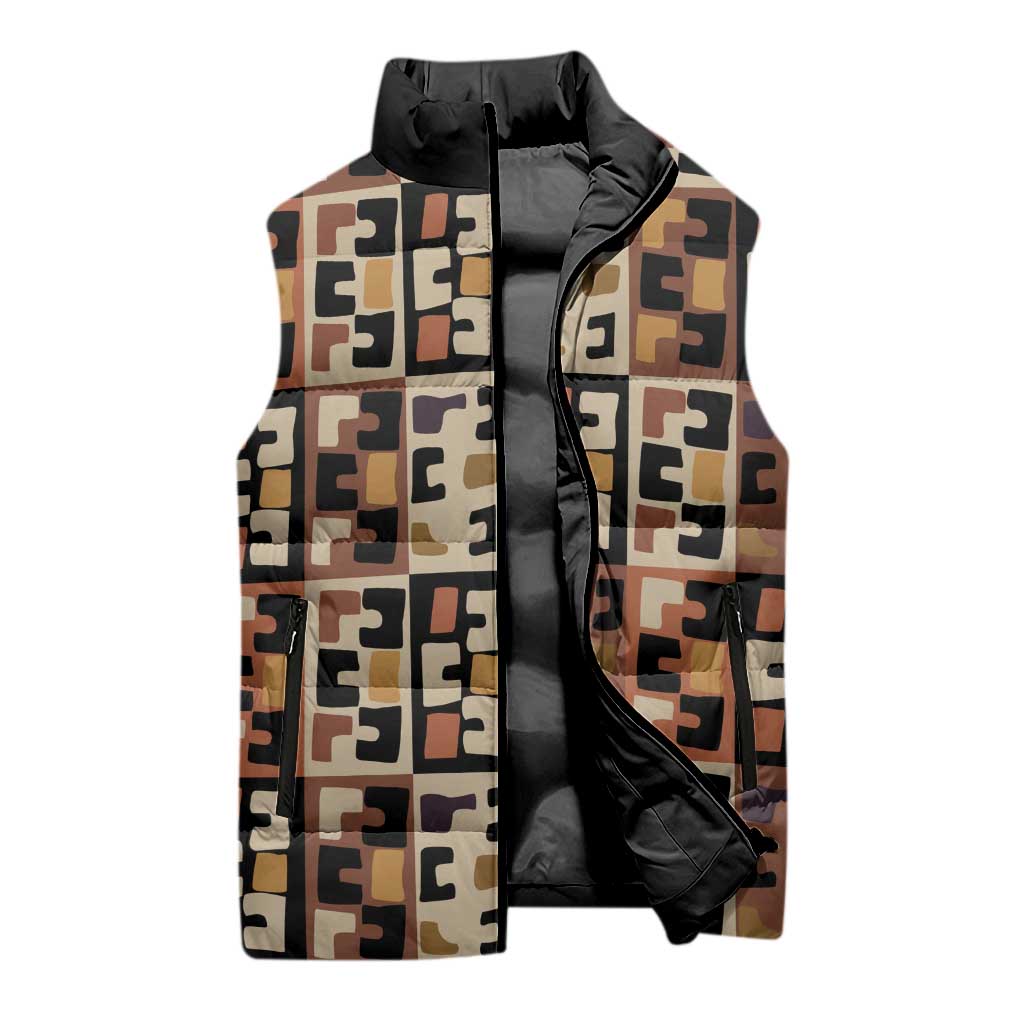 Kuba Flow Sleeveless Puffer Jacket with Geometric Tribal Blocks and Earth-Tone Mosaic Design - Wonder Print Shop