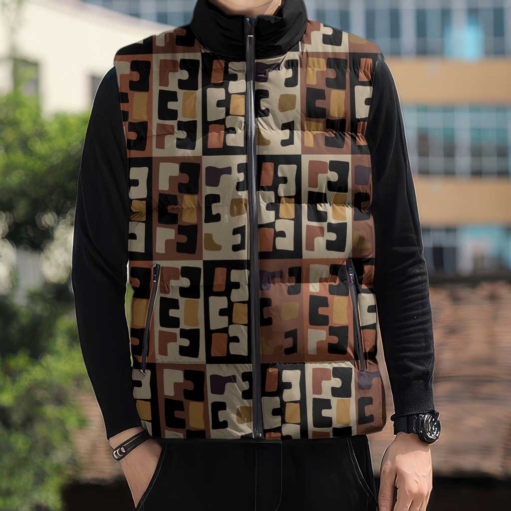 Kuba Flow Sleeveless Puffer Jacket with Geometric Tribal Blocks and Earth-Tone Mosaic Design - Wonder Print Shop