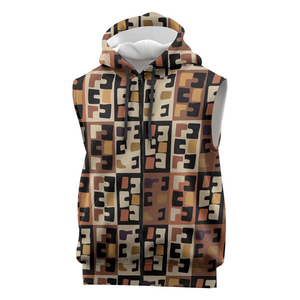 Kuba Flow Sleeveless Zip Hoodie with Geometric Tribal Blocks and Earth-Tone Mosaic Design - Wonder Print Shop