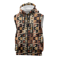 Kuba Flow Sleeveless Zip Hoodie with Geometric Tribal Blocks and Earth-Tone Mosaic Design - Wonder Print Shop