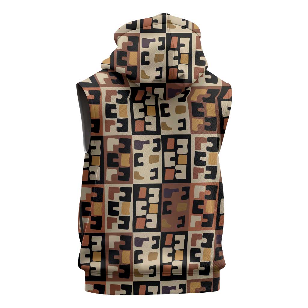 Kuba Flow Sleeveless Zip Hoodie with Geometric Tribal Blocks and Earth-Tone Mosaic Design - Wonder Print Shop
