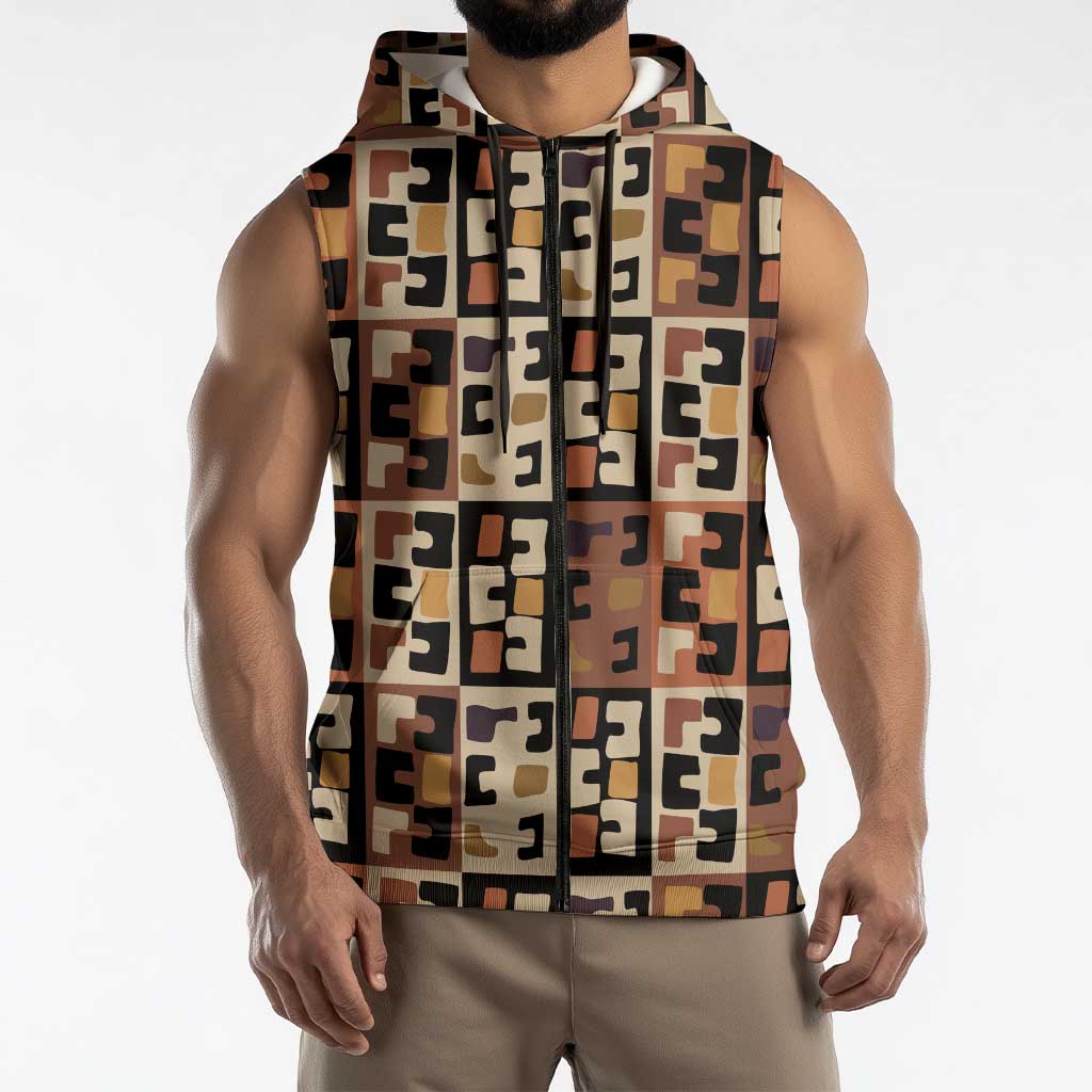 Kuba Flow Sleeveless Zip Hoodie with Geometric Tribal Blocks and Earth-Tone Mosaic Design - Wonder Print Shop