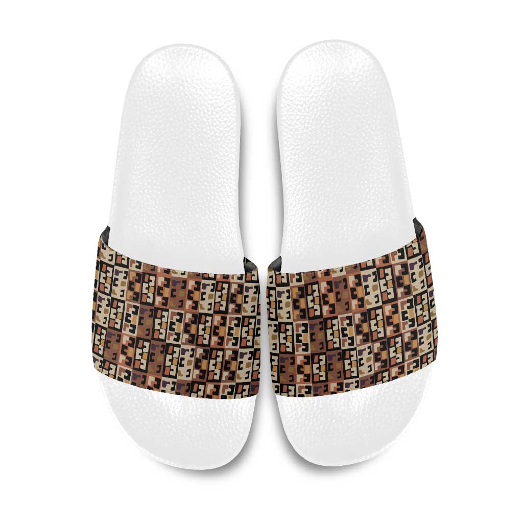 Kuba Flow Slide Sandals with Geometric Tribal Blocks and Earth-Tone Mosaic Design - Wonder Print Shop