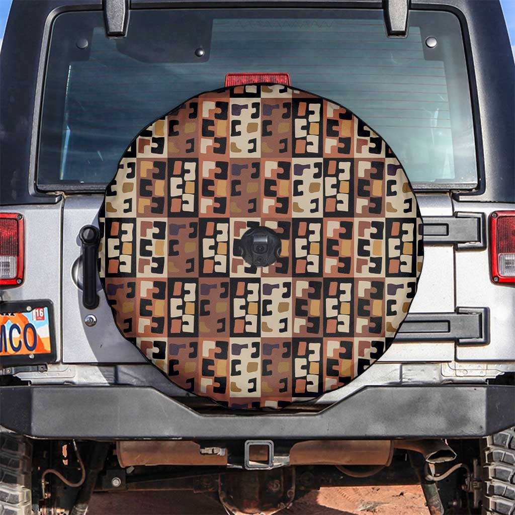 Kuba Flow Spare Tire Cover with Geometric Tribal Blocks and Earth-Tone Mosaic Design - Wonder Print Shop