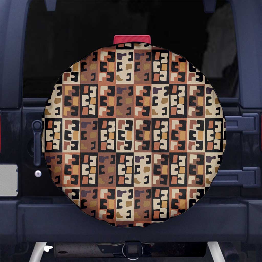 Kuba Flow Spare Tire Cover with Geometric Tribal Blocks and Earth-Tone Mosaic Design - Wonder Print Shop