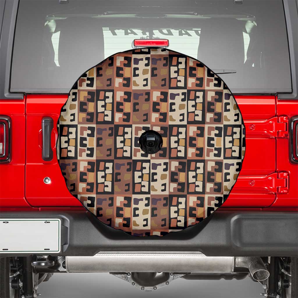 Kuba Flow Spare Tire Cover with Geometric Tribal Blocks and Earth-Tone Mosaic Design - Wonder Print Shop