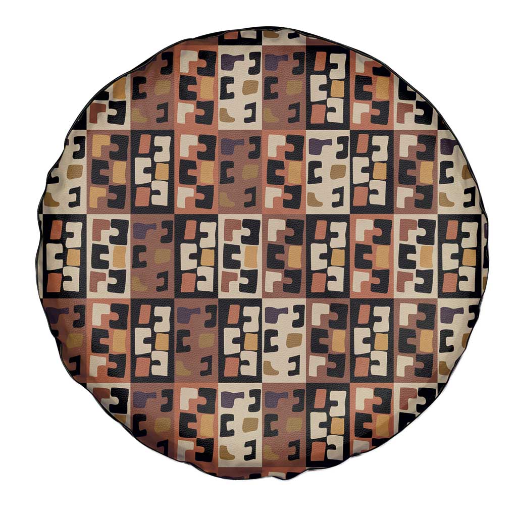 Kuba Flow Spare Tire Cover with Geometric Tribal Blocks and Earth-Tone Mosaic Design - Wonder Print Shop