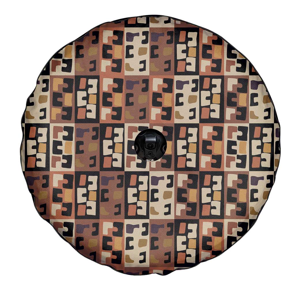 Kuba Flow Spare Tire Cover with Geometric Tribal Blocks and Earth-Tone Mosaic Design - Wonder Print Shop