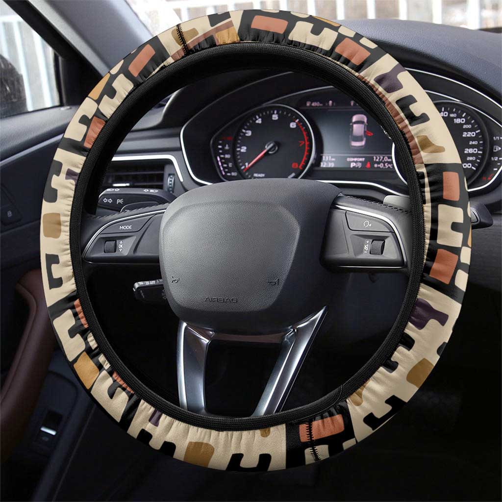 Kuba Flow Steering Wheel Cover with Geometric Tribal Blocks and Earth-Tone Mosaic Design - Wonder Print Shop