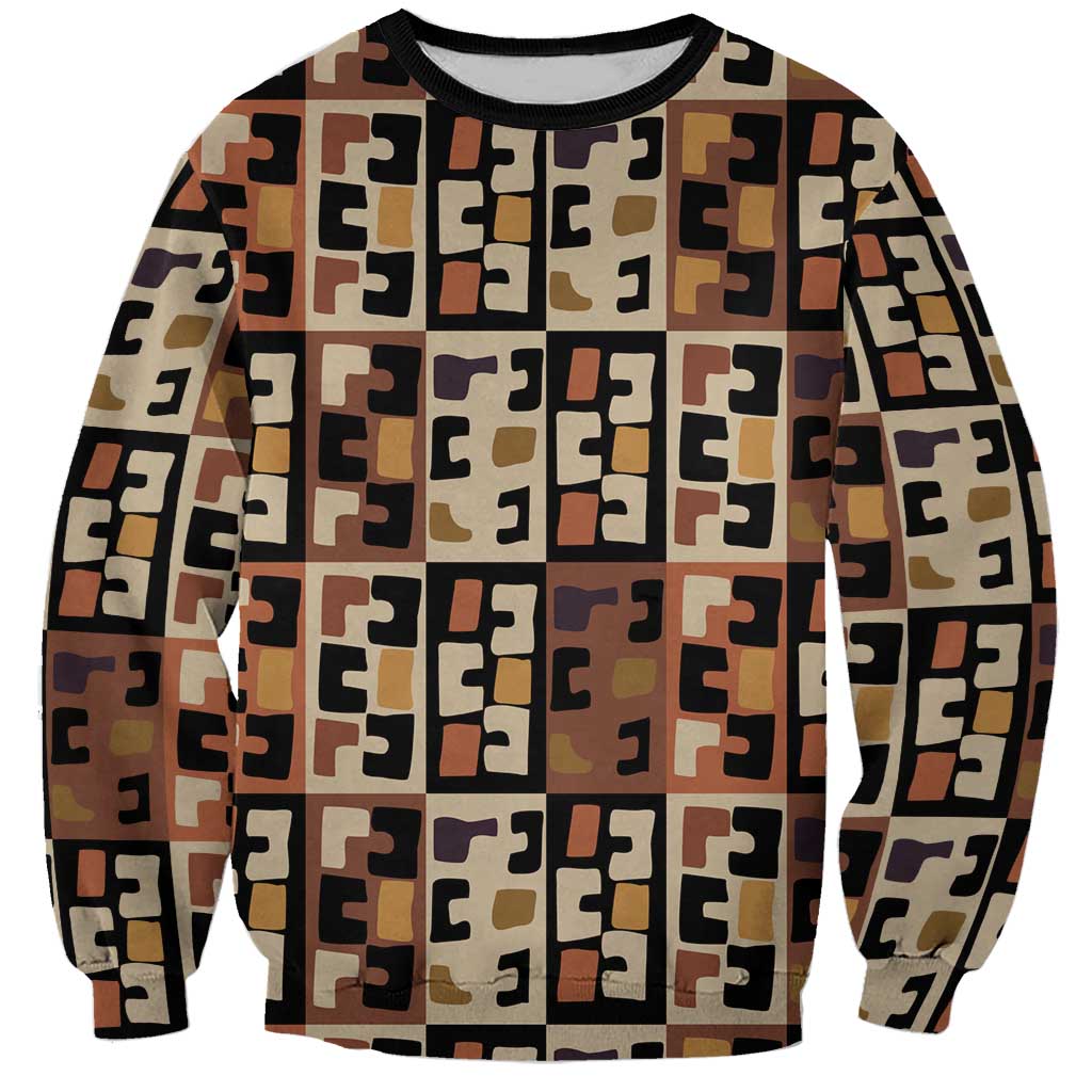 Kuba Flow Sweatshirt with Geometric Tribal Blocks and Earth-Tone Mosaic Design - Wonder Print Shop