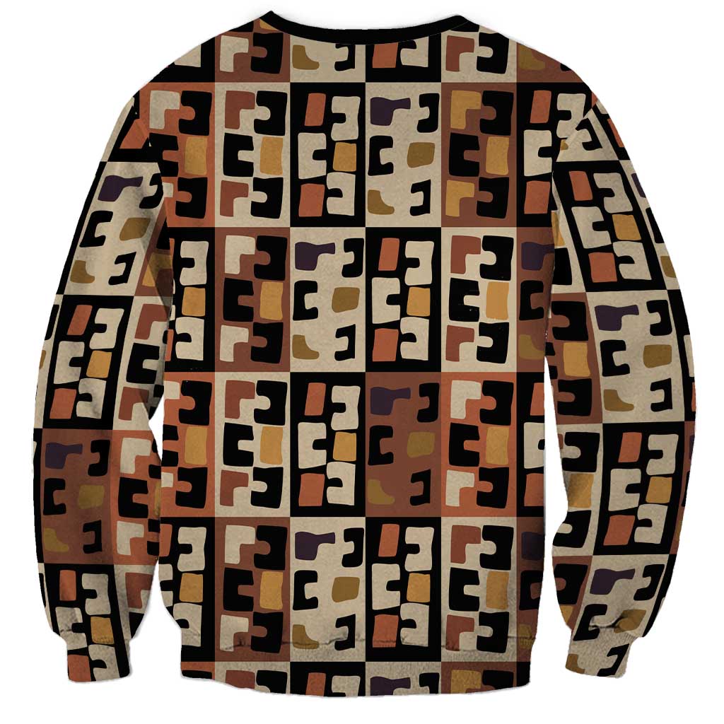 Kuba Flow Sweatshirt with Geometric Tribal Blocks and Earth-Tone Mosaic Design - Wonder Print Shop