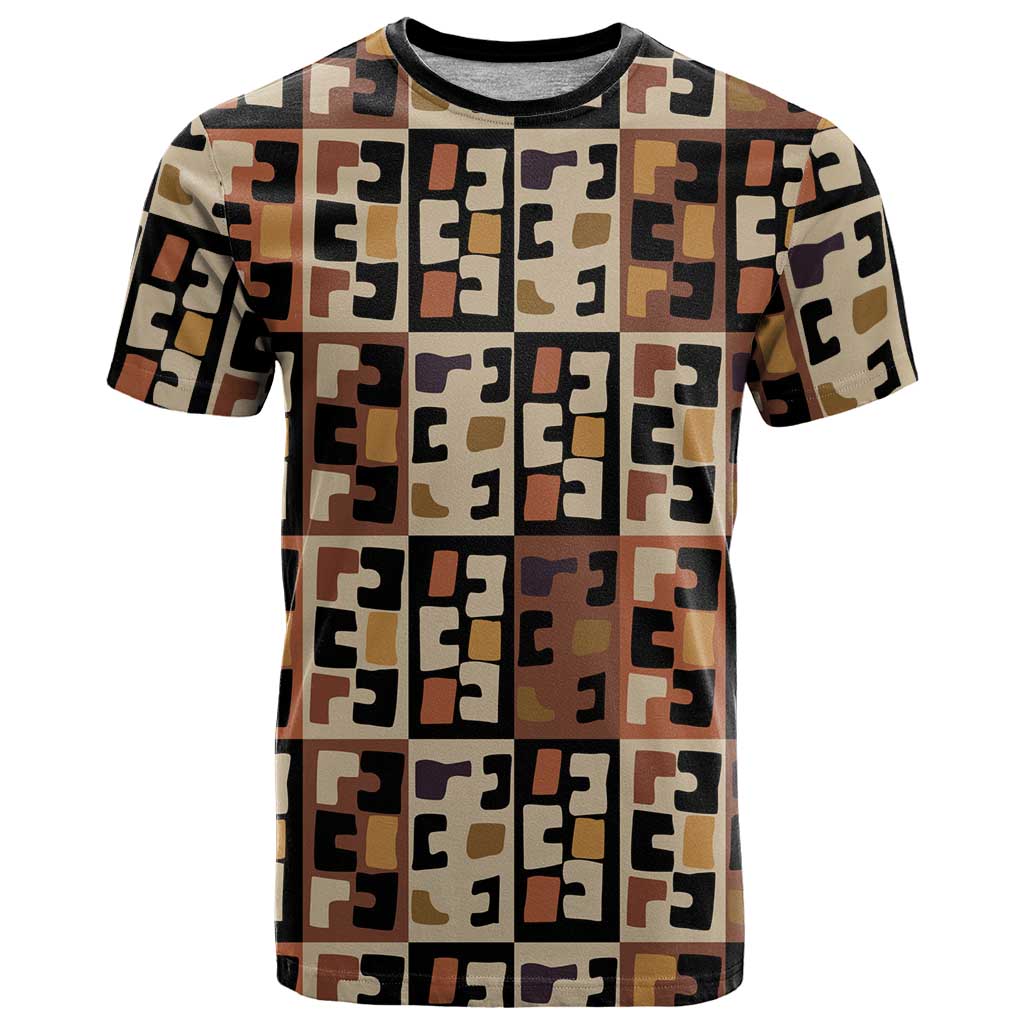 Kuba Flow T Shirt with Geometric Tribal Blocks and Earth-Tone Mosaic Design - Wonder Print Shop