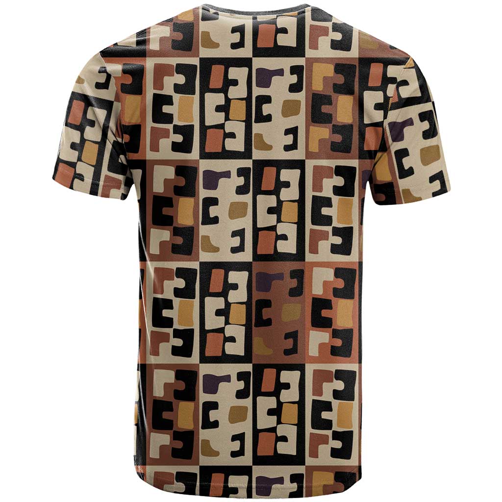Kuba Flow T Shirt with Geometric Tribal Blocks and Earth-Tone Mosaic Design - Wonder Print Shop