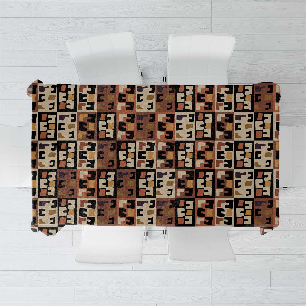 Kuba Flow Tablecloth with Geometric Tribal Blocks and Earth-Tone Mosaic Design - Wonder Print Shop