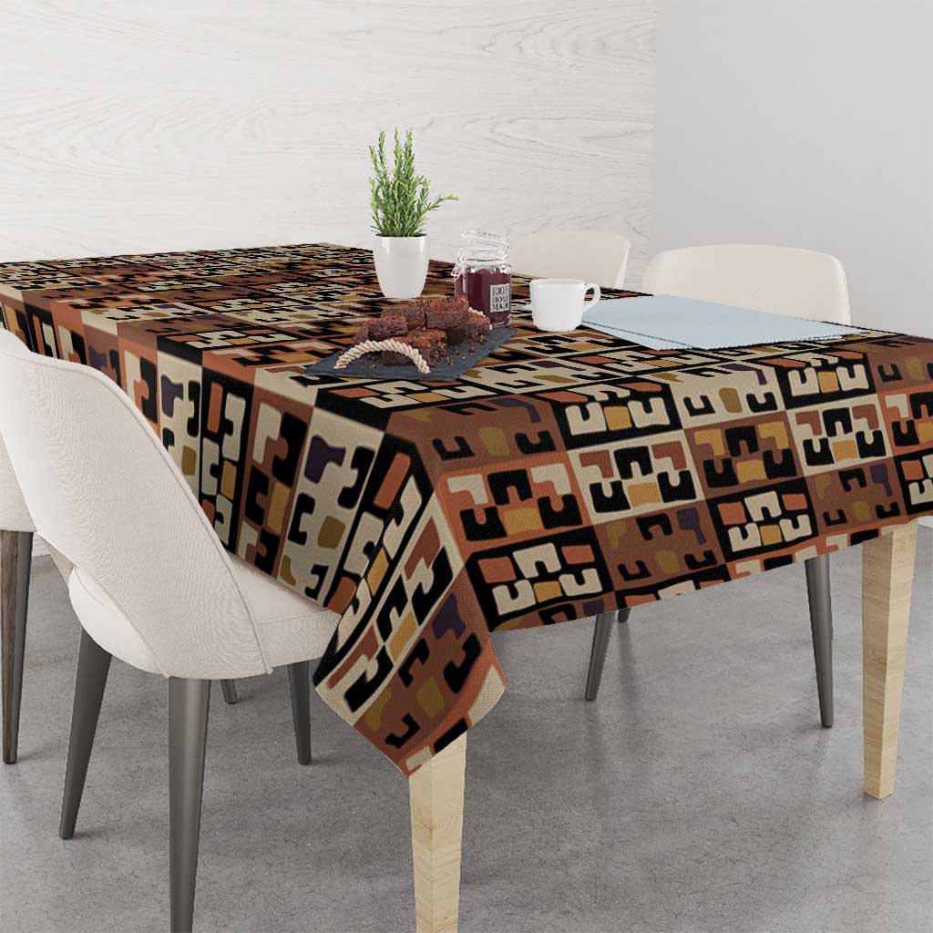Kuba Flow Tablecloth with Geometric Tribal Blocks and Earth-Tone Mosaic Design - Wonder Print Shop