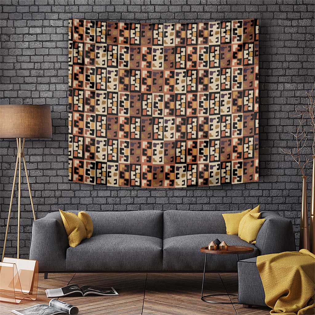 Kuba Flow Tapestry with Geometric Tribal Blocks and Earth-Tone Mosaic Design - Wonder Print Shop
