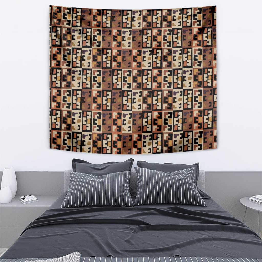 Kuba Flow Tapestry with Geometric Tribal Blocks and Earth-Tone Mosaic Design - Wonder Print Shop