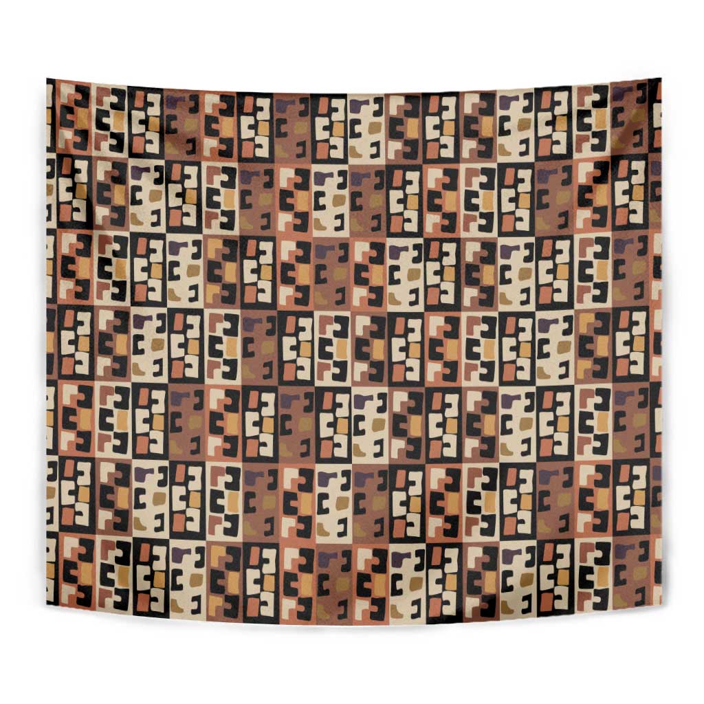 Kuba Flow Tapestry with Geometric Tribal Blocks and Earth-Tone Mosaic Design - Wonder Print Shop