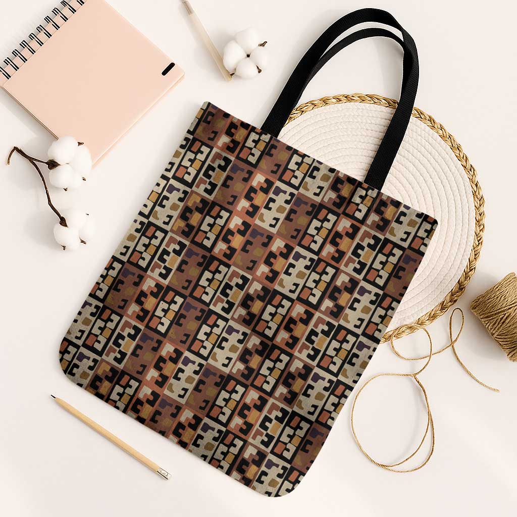 Kuba Flow Tote Bag with Geometric Tribal Blocks and Earth-Tone Mosaic Design - Wonder Print Shop